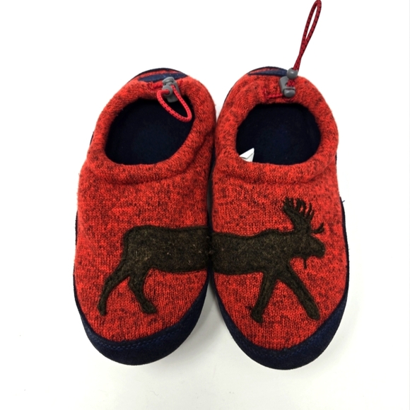 L.L. BEAN SWEATER FLEECE SLIPPERS MOTIF DEEP GARNET MOOSE KIDS YOUTH SIZE 1-2 - Picture 1 of 16